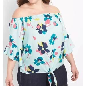 Lane Bryant Classic Flounce-Sleeve Off-The-Shoulder Tie-Hem Floral Top Sz 26/28